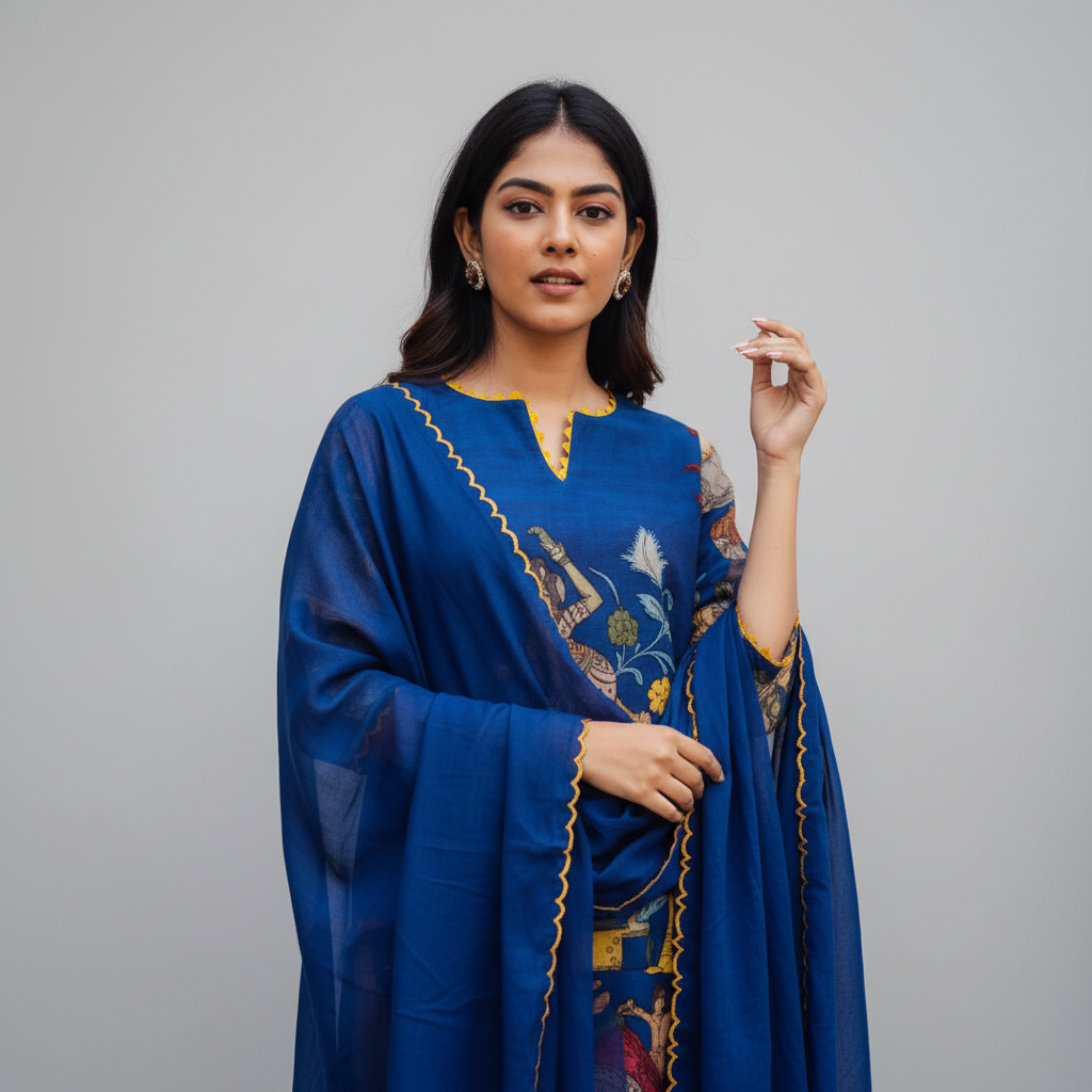Kalamkari Cotton Kurta Set Blue with Floral Design with Coordinated Dupatta
