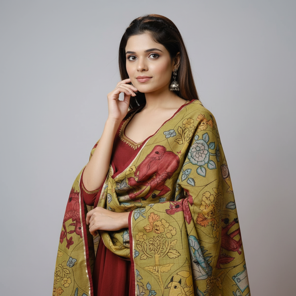 Maroon Anarkali with Hand-Painted Kalamkari Dupatta
