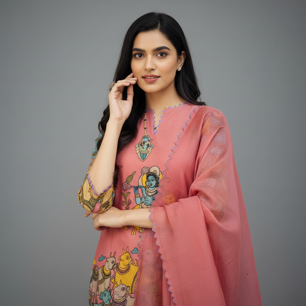Kalamkari Cotton Kurta Set Pink with Floral Design with Coordinated Dupatta