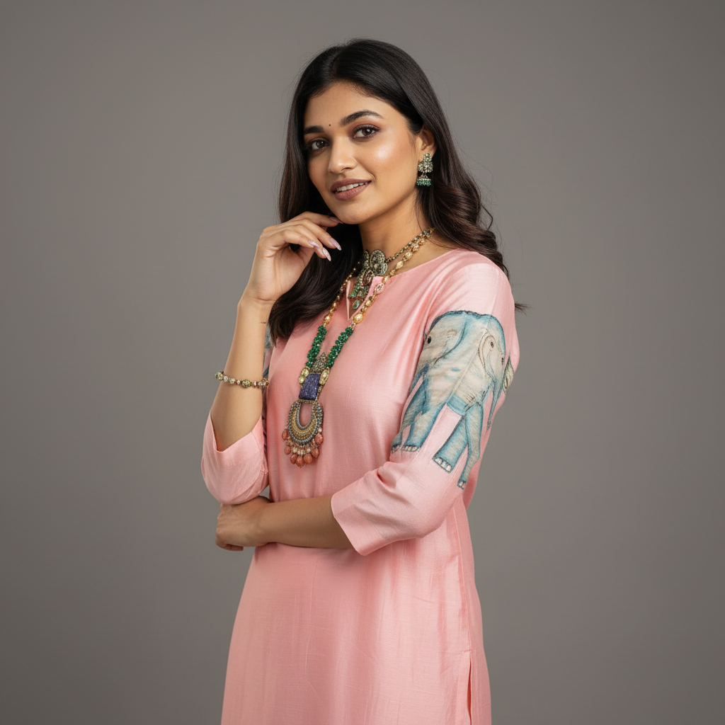 Kalamkari Cotton Kurta Set  Animals Design with Coordinated Dupatta