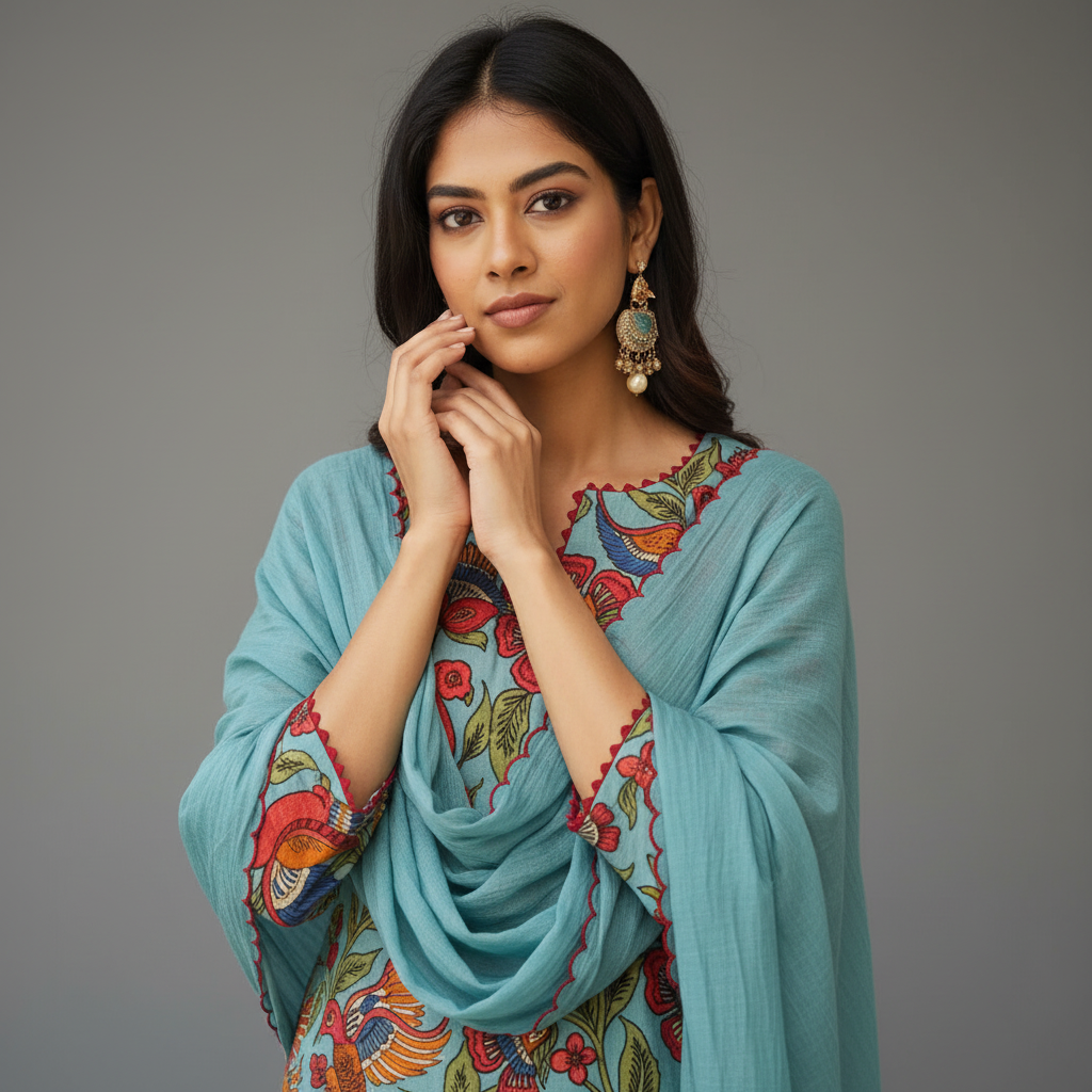 Aqua Blue Kurta Set with Hand-Painted Floral & Bird Print