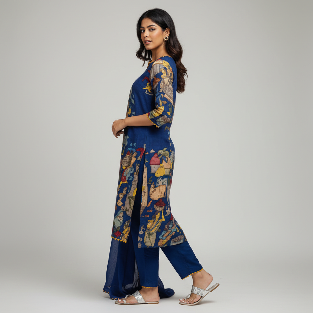 Kalamkari Cotton Kurta Set Blue with Floral Design with Coordinated Dupatta