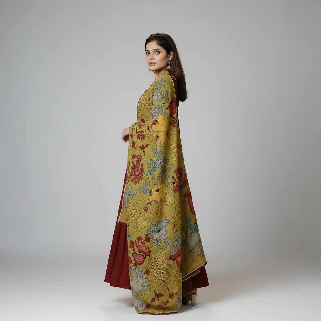 Maroon Anarkali with Hand-Painted Kalamkari Dupatta