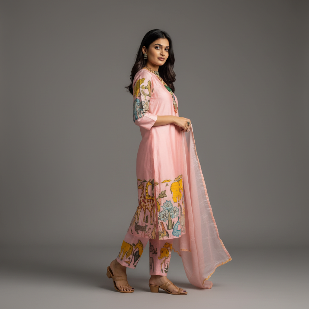 Kalamkari Cotton Kurta Set  Animals Design with Coordinated Dupatta