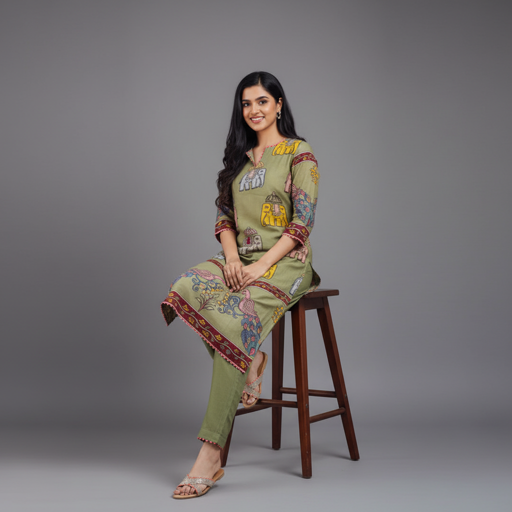 Olive Green Chinon Kurta Set with Elephant & Peacock Print