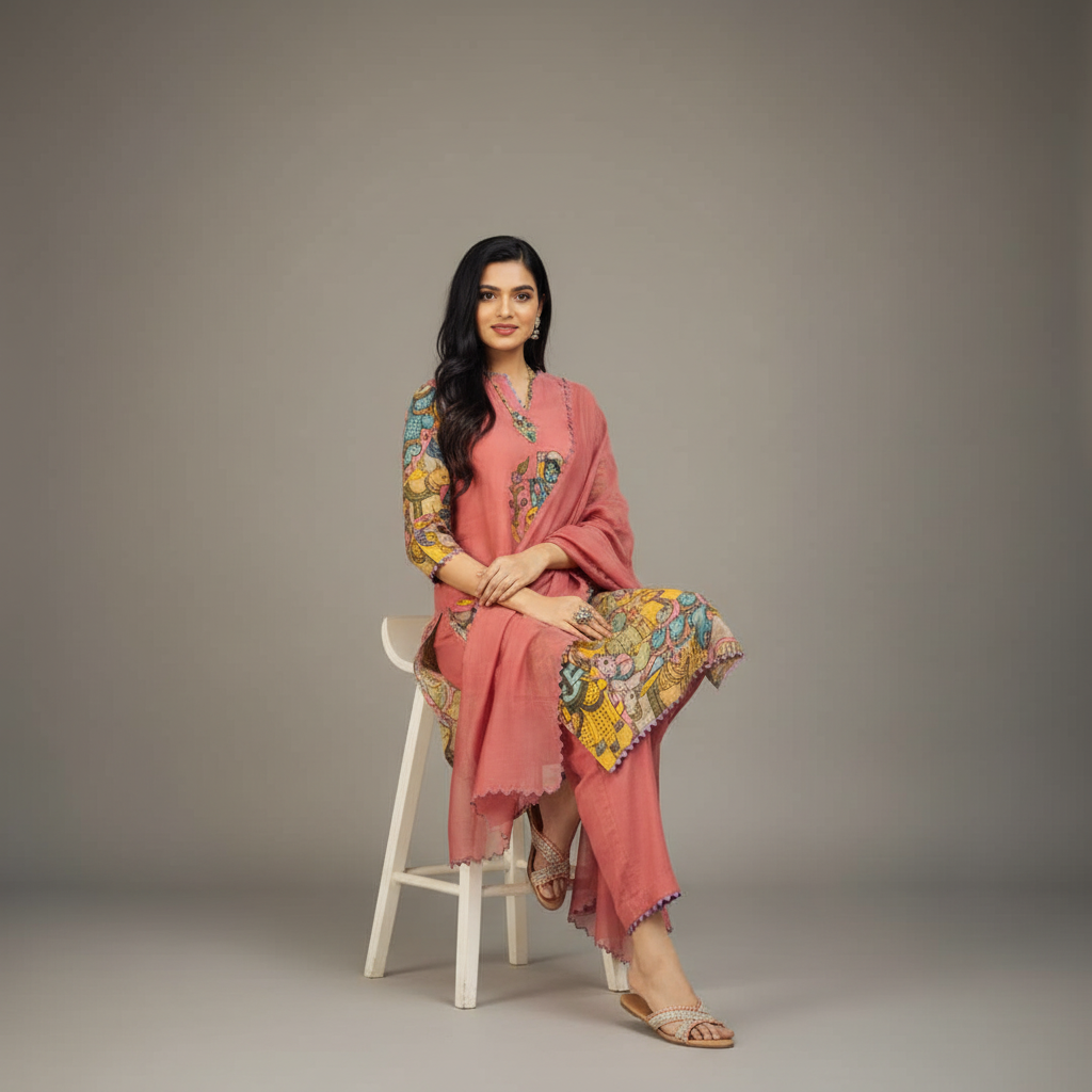 Kalamkari Cotton Kurta Set Pink with Floral Design with Coordinated Dupatta