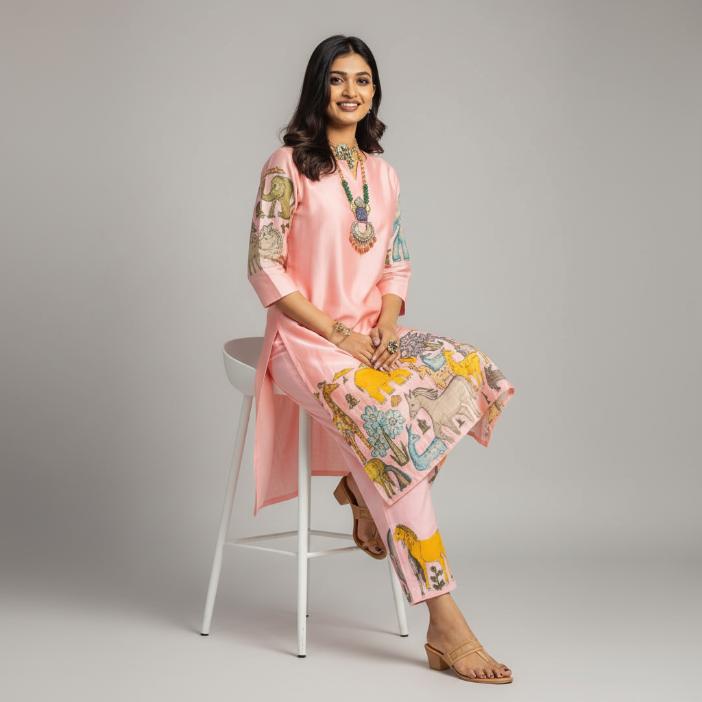 Kalamkari Cotton Kurta Set  Animals Design with Coordinated Dupatta