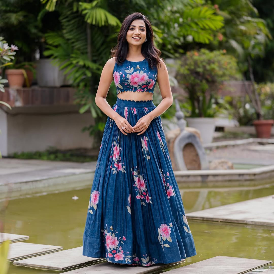 Hand-Painted Floral Indigo Lehenga Set