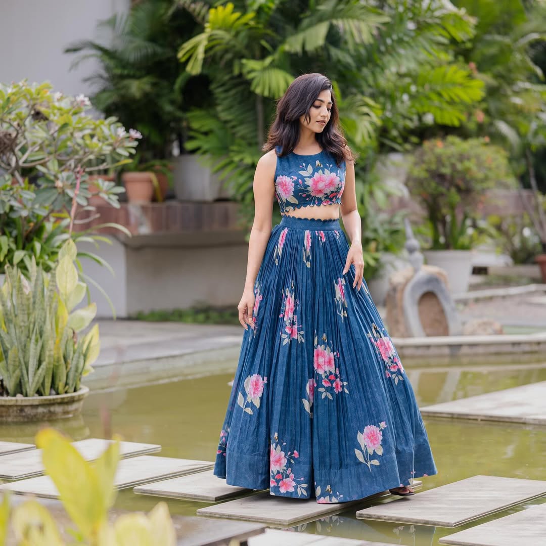 Hand-Painted Floral Indigo Lehenga Set