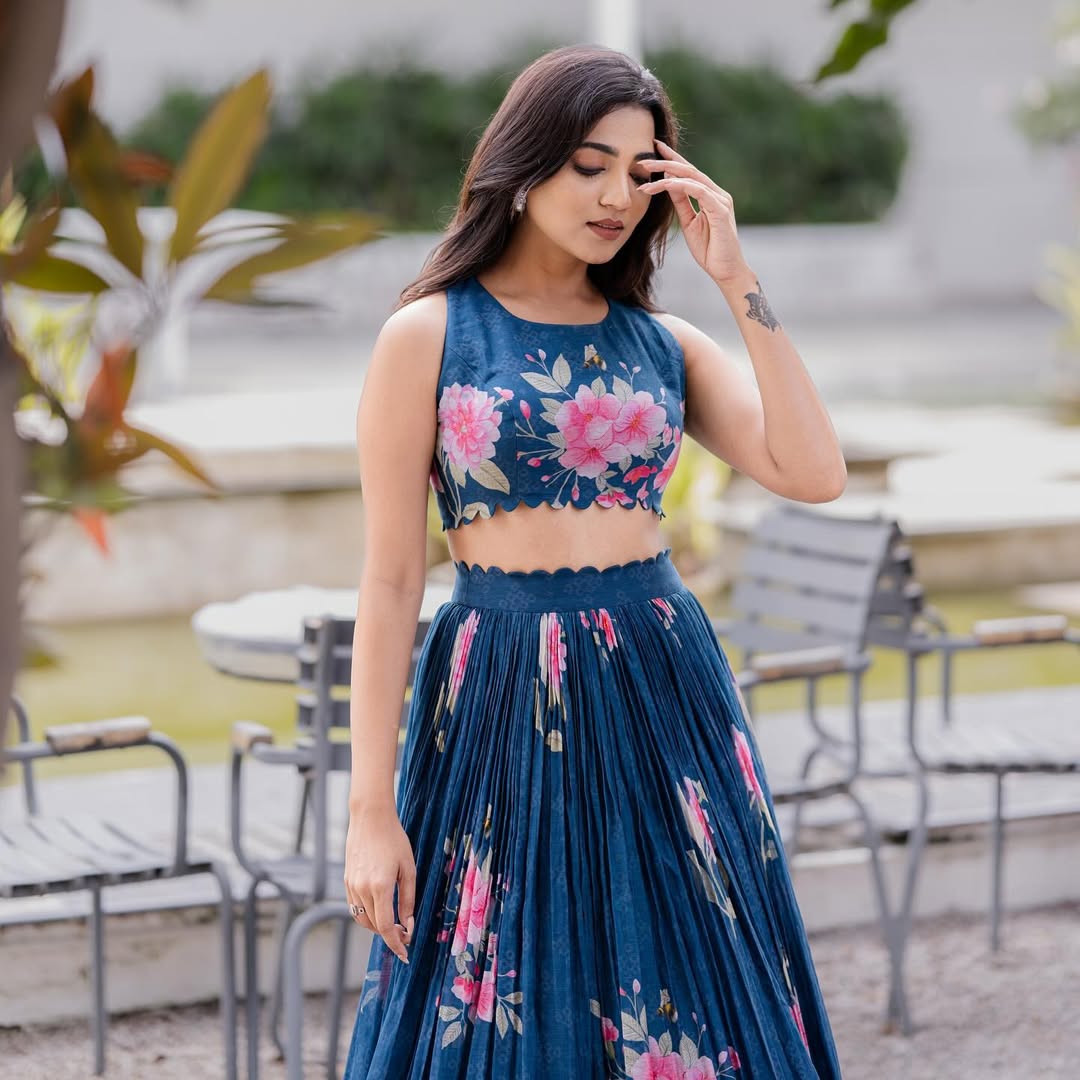 Hand-Painted Floral Indigo Lehenga Set