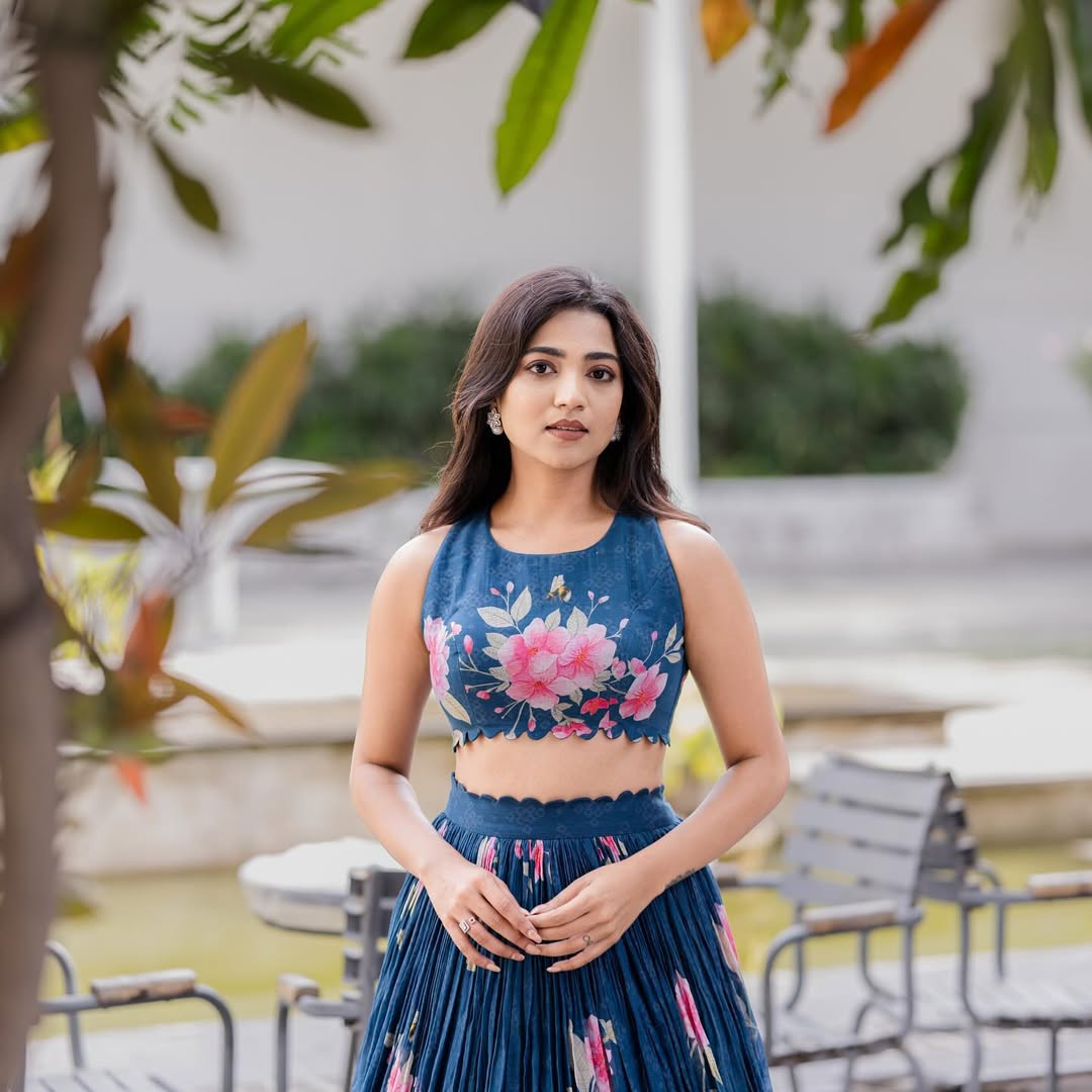 Hand-Painted Floral Indigo Lehenga Set
