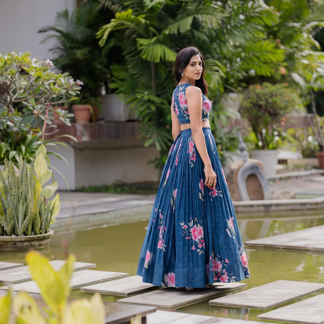Hand-Painted Floral Indigo Lehenga Set