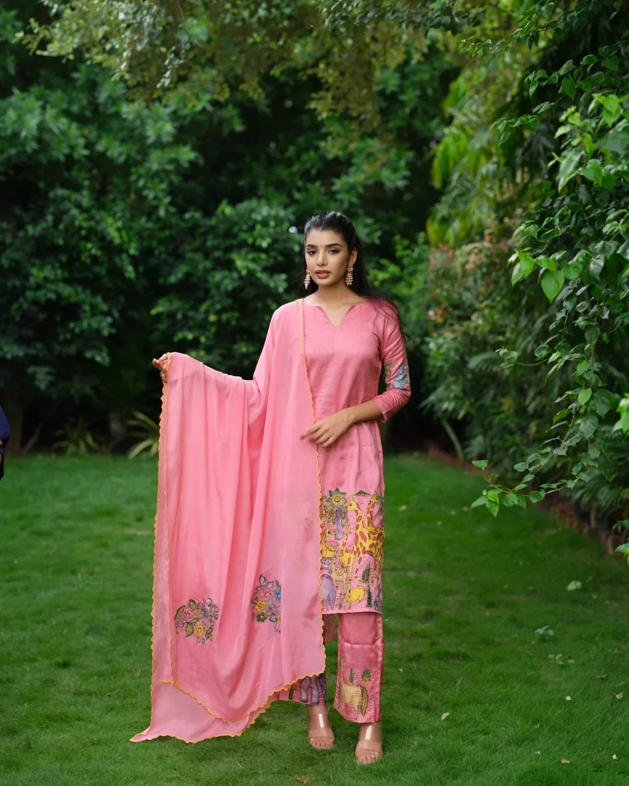 Rose Pink Hand-Painted Animal Art Kurta Set