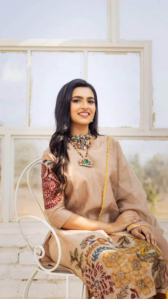 Kalamkari Cotton Kurta Set Floral Design with Coordinated Dupatta