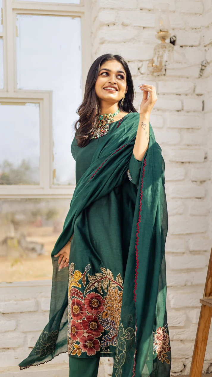Emerald Green Floral Printed Cotton Suit Set