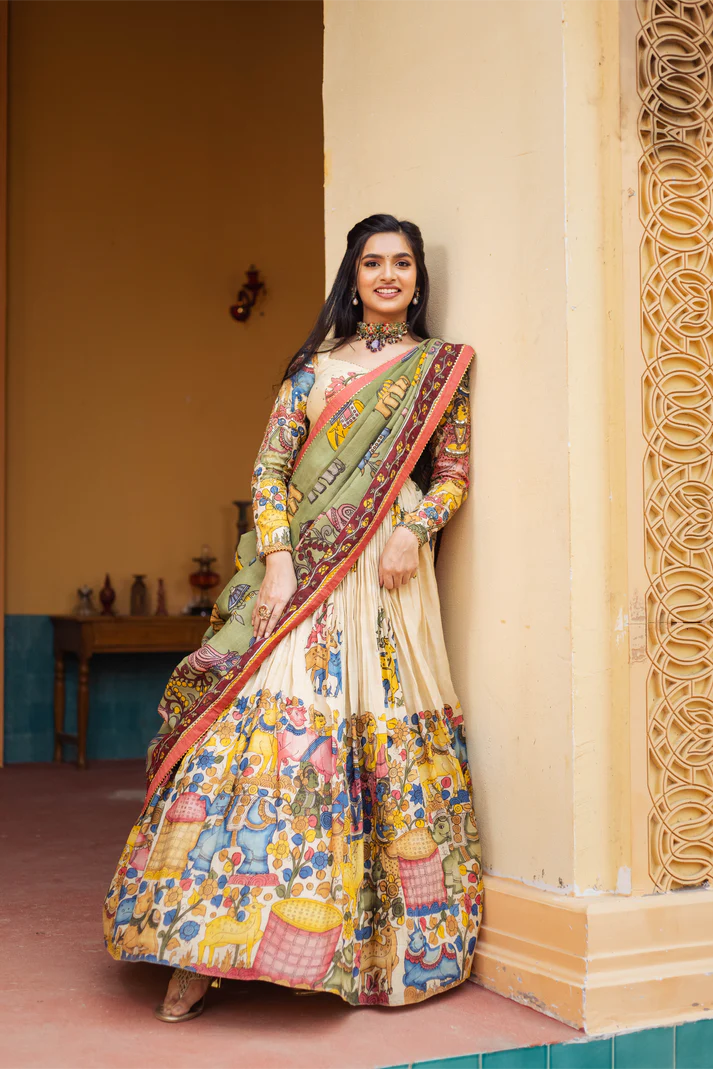 Kalamkari Print With Hand Work Fully Stitched Lehenga Choli