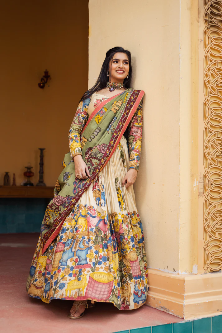 Kalamkari Print With Hand Work Fully Stitched Lehenga Choli