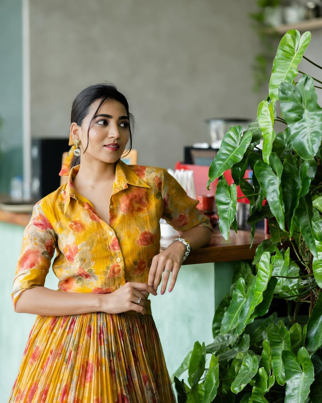 Mustard Yellow Hand-Painted Floral Shirt & Lehenga Set