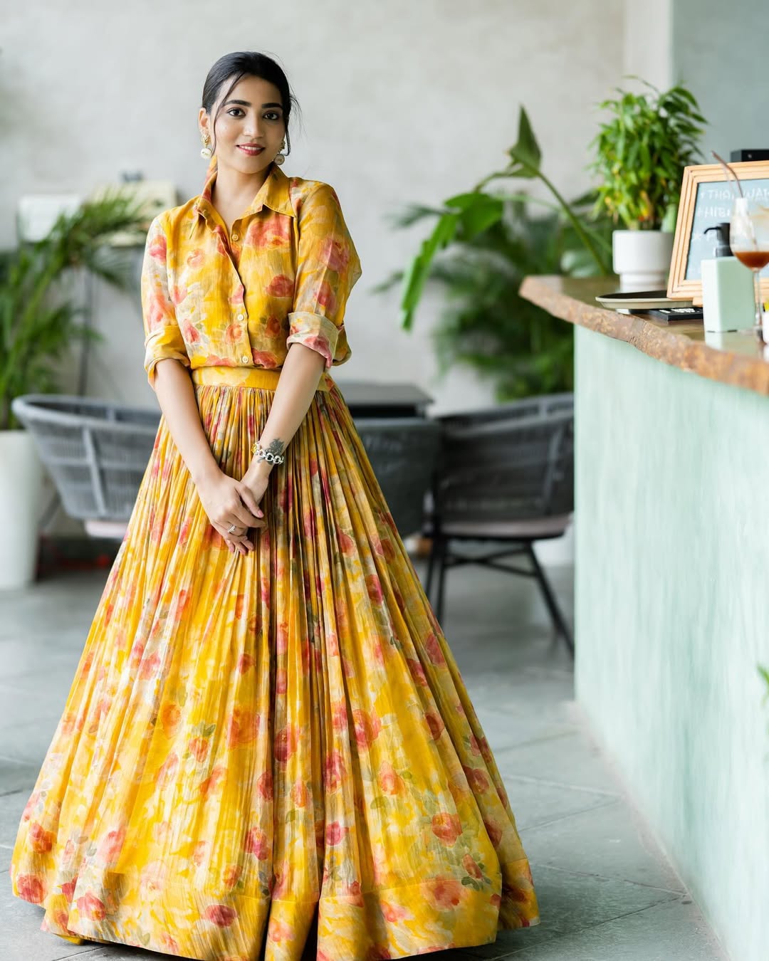 Mustard Yellow Hand-Painted Floral Shirt & Lehenga Set