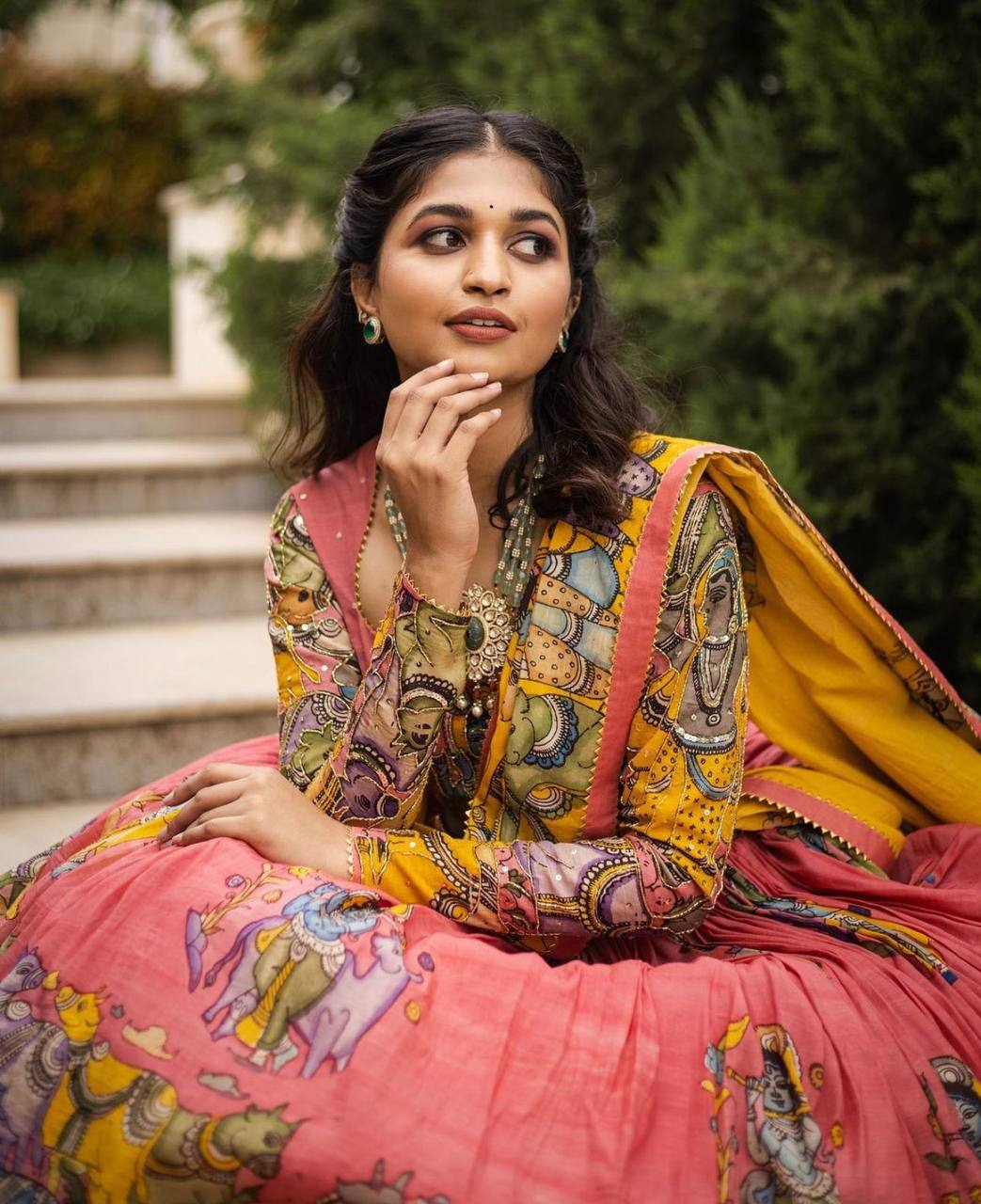 Pink Kalamkari Print With Hand Work Fully Stitched Printed Lehenga Choli With Dupatta Set