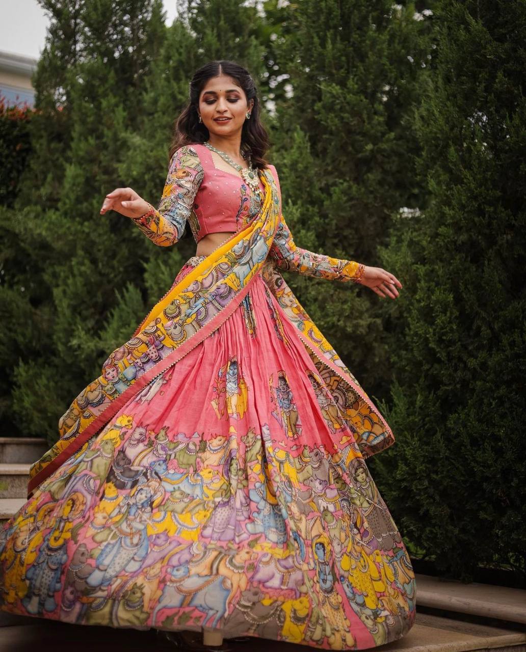 Pink Kalamkari Print With Hand Work Fully Stitched Printed Lehenga Choli With Dupatta Set