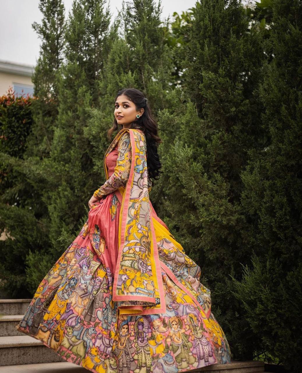 Pink Kalamkari Print With Hand Work Fully Stitched Printed Lehenga Choli With Dupatta Set