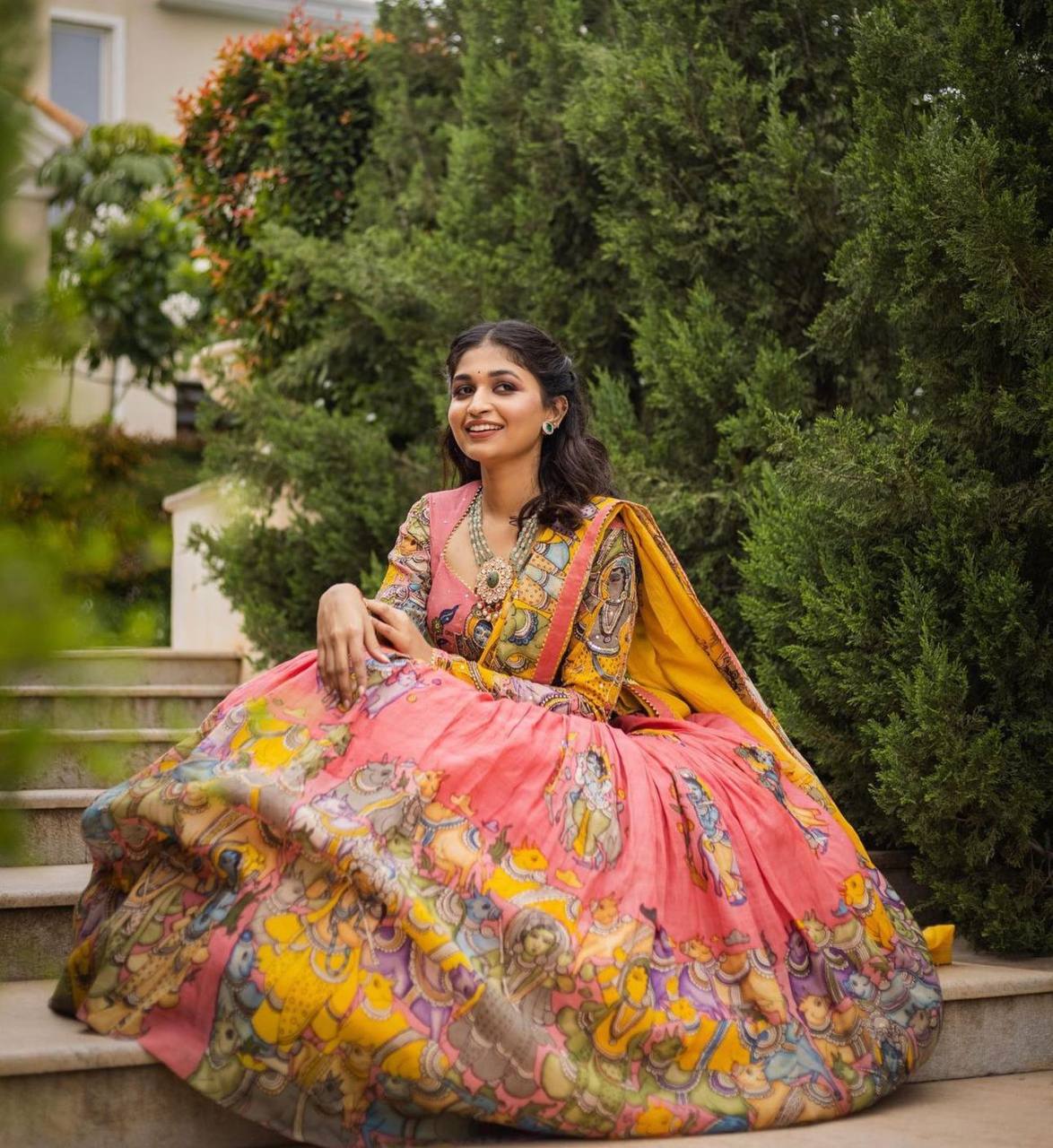 Pink Kalamkari Print With Hand Work Fully Stitched Printed Lehenga Choli With Dupatta Set