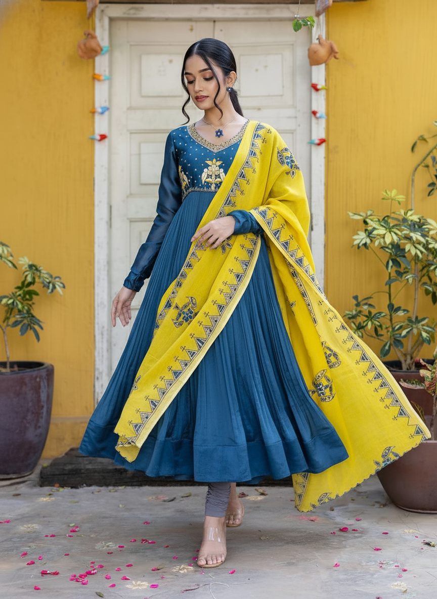 Navy Blue Anarkali with Mustard Yellow Hand-Painted Dupatta