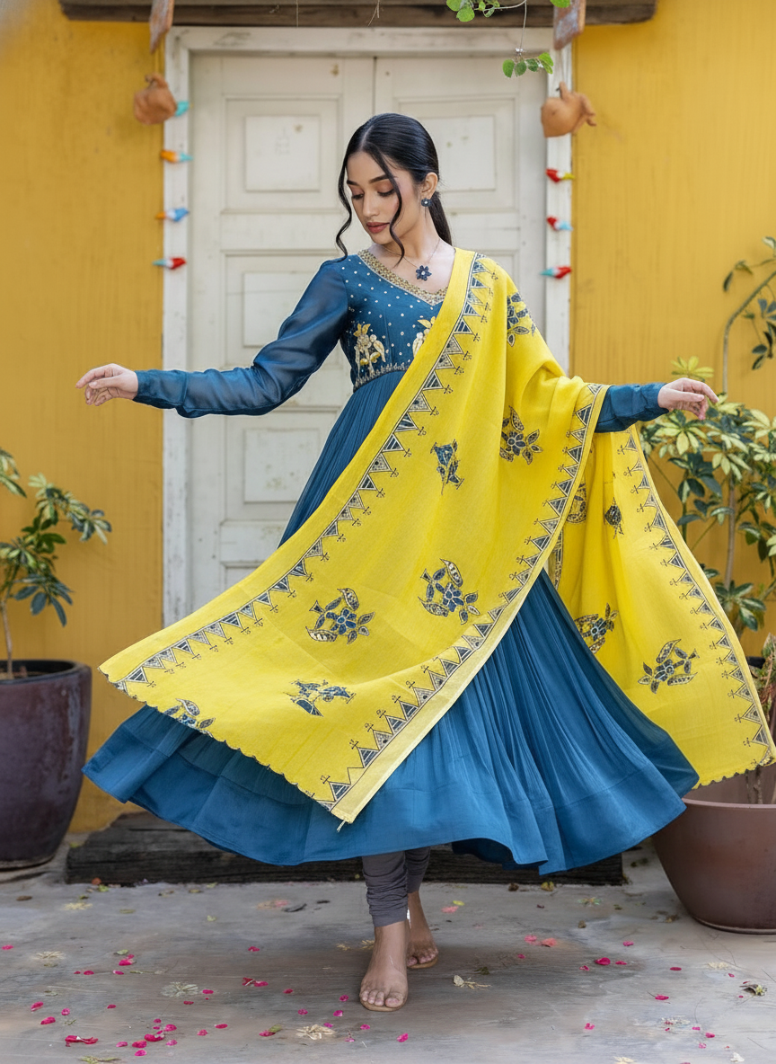 Navy Blue Anarkali with Mustard Yellow Hand-Painted Dupatta