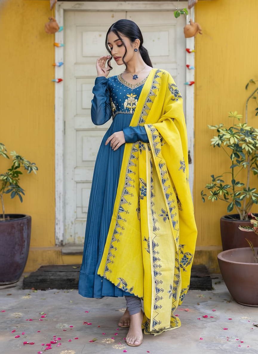 Navy Blue Anarkali with Mustard Yellow Hand-Painted Dupatta