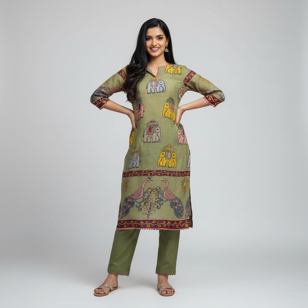 Olive Green Chinon Kurta Set with Elephant & Peacock Print