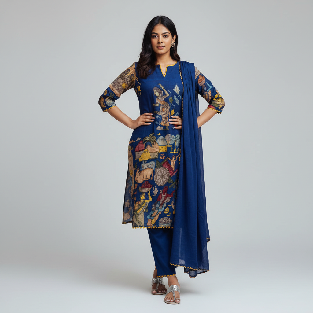 Kalamkari Cotton Kurta Set Blue with Floral Design with Coordinated Dupatta