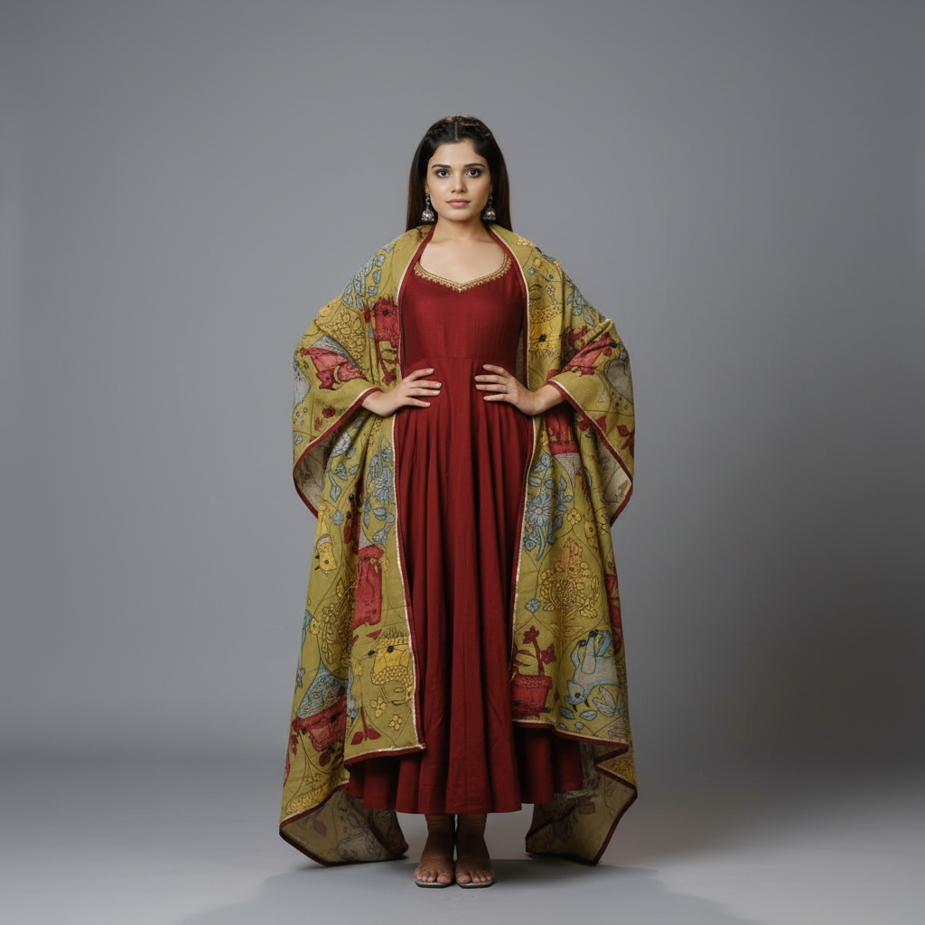 Maroon Anarkali with Hand-Painted Kalamkari Dupatta