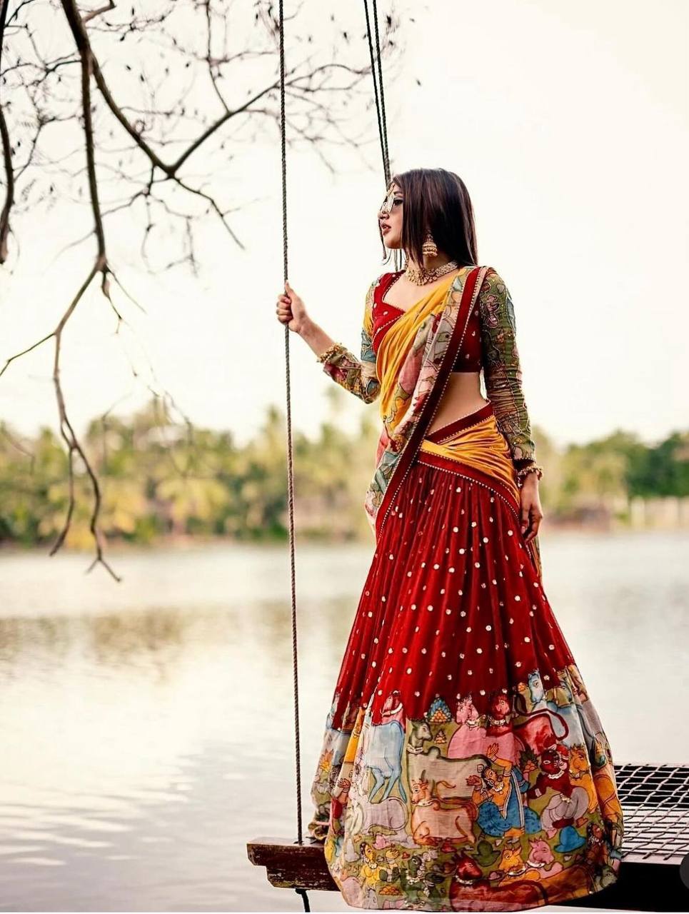 Red Timeless Kalamkari Print Lehenga Choli With Dupatta Set