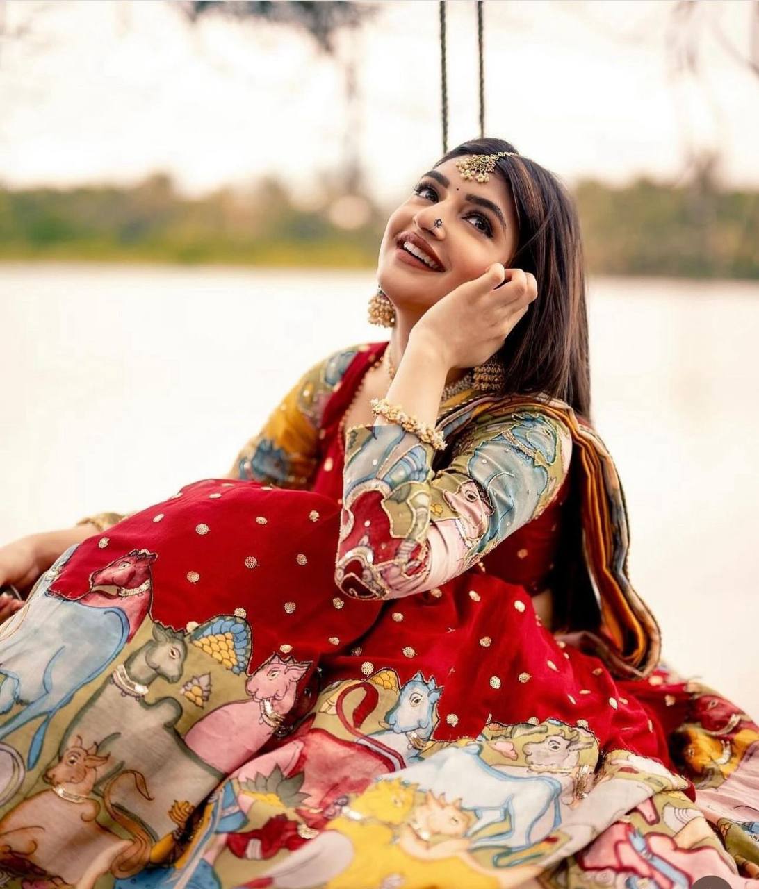 Red Timeless Kalamkari Print Lehenga Choli With Dupatta Set
