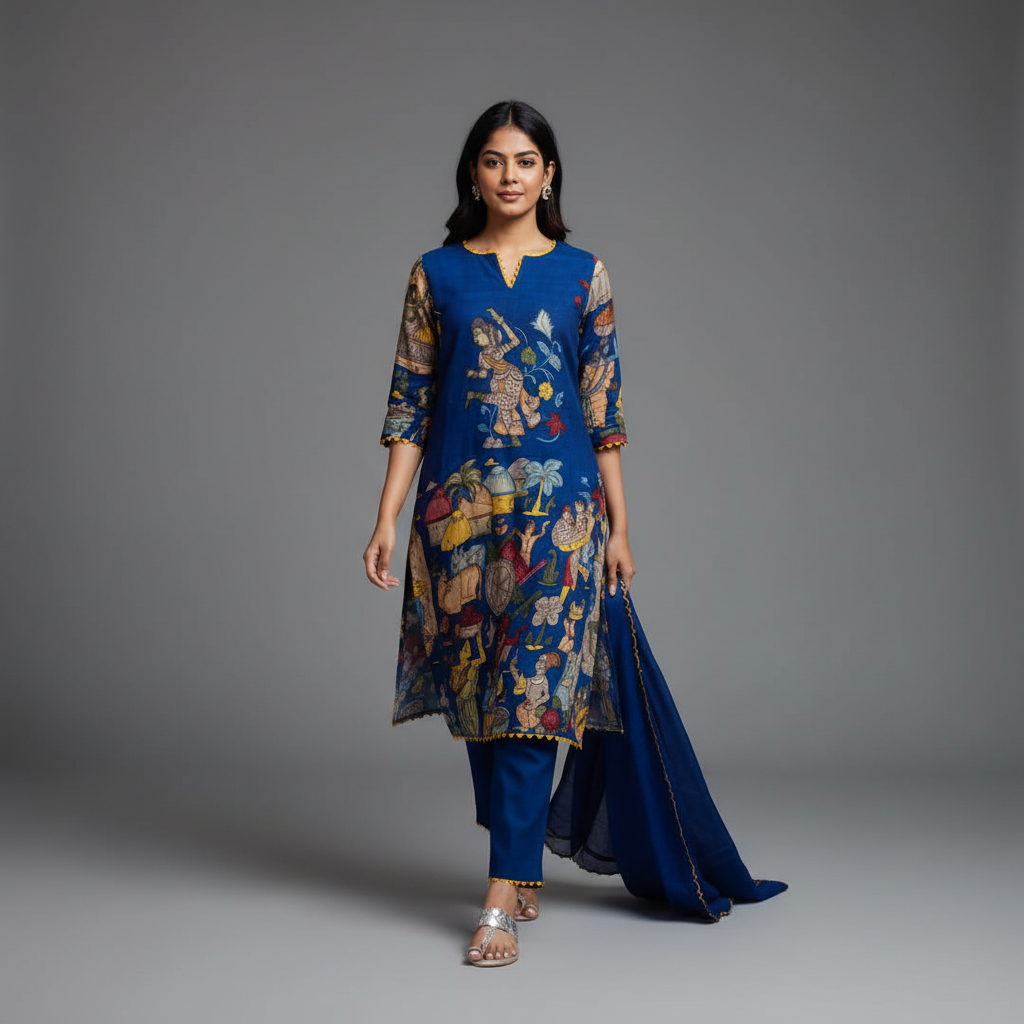 Kalamkari Cotton Kurta Set Blue with Floral Design with Coordinated Dupatta