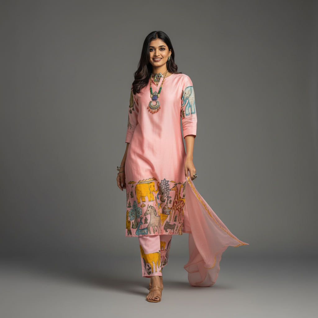 Kalamkari Cotton Kurta Set  Animals Design with Coordinated Dupatta