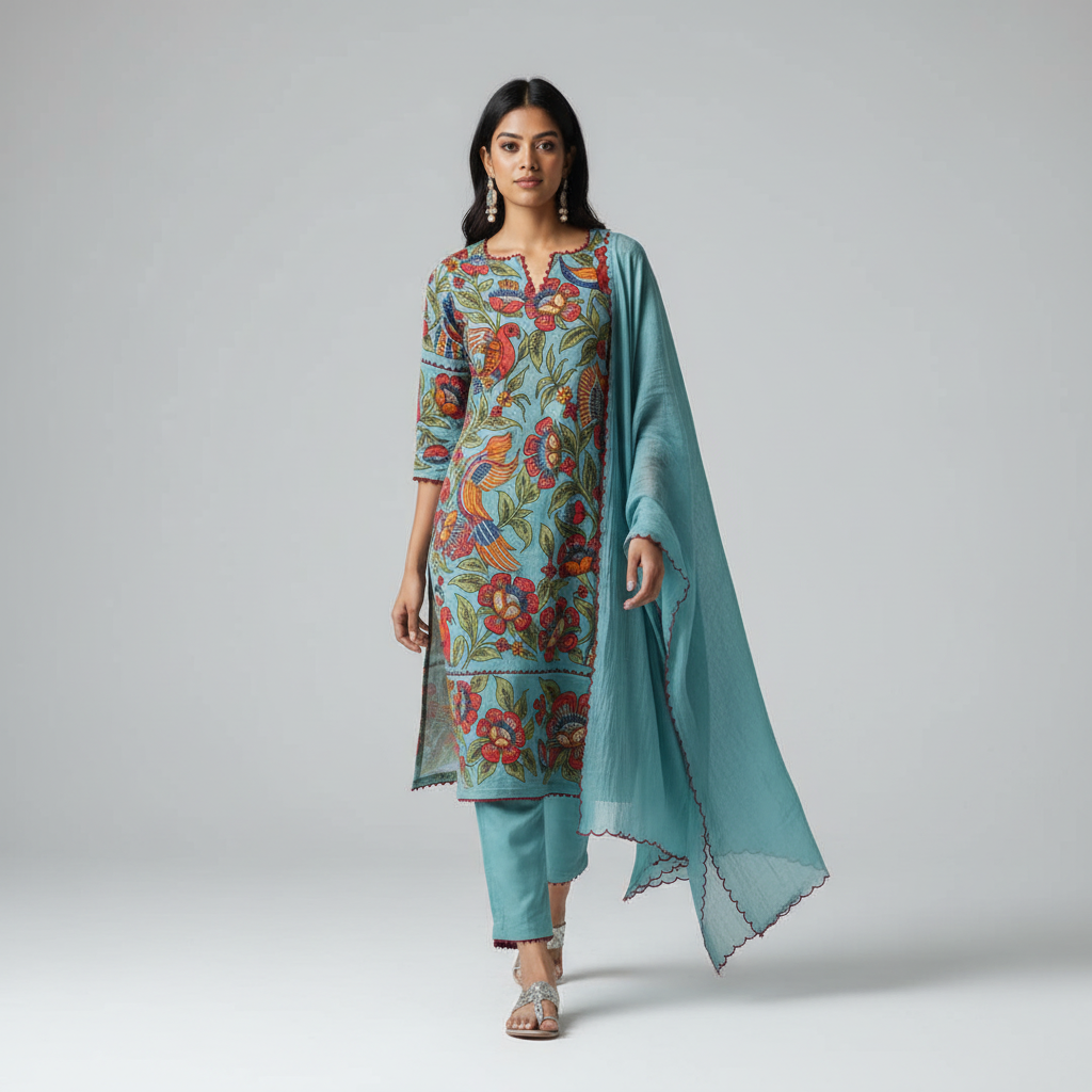 Aqua Blue Kurta Set with Hand-Painted Floral & Bird Print