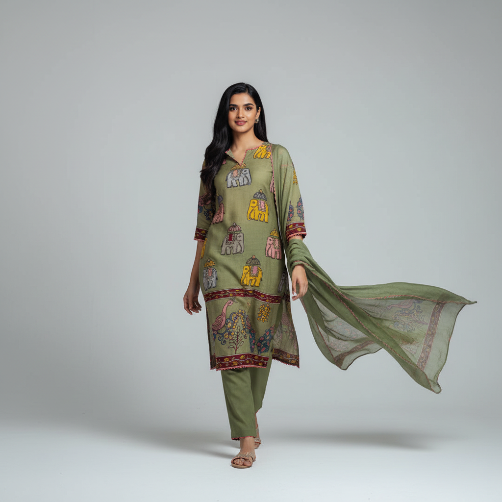 Olive Green Chinon Kurta Set with Elephant & Peacock Print