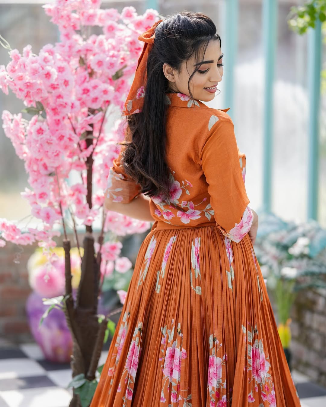Rust Orange Floral Printed Shirt & Lehenga Set