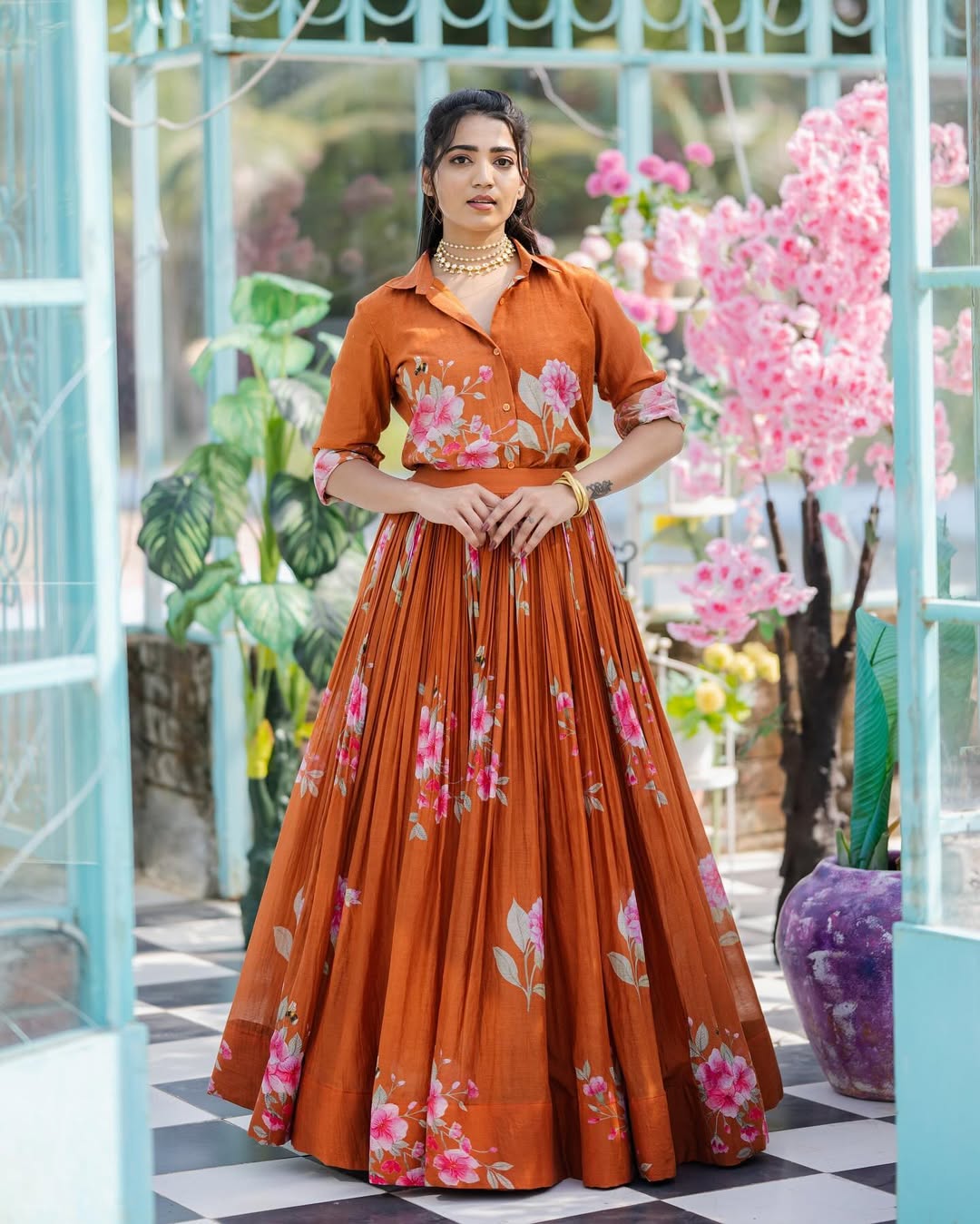Rust Orange Floral Printed Shirt & Lehenga Set