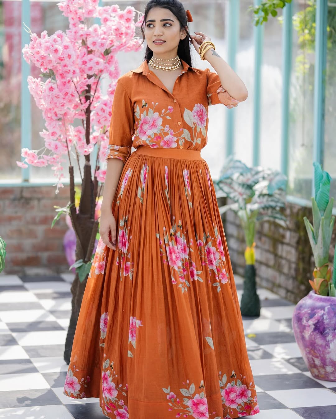 Rust Orange Floral Printed Shirt & Lehenga Set