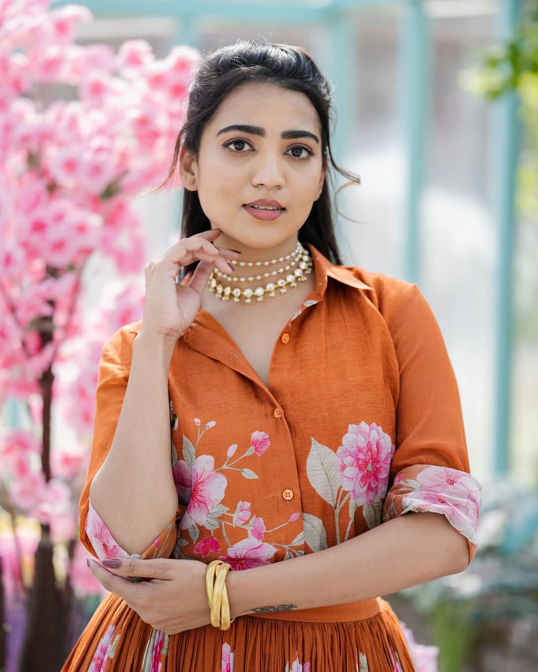 Rust Orange Floral Printed Shirt & Lehenga Set