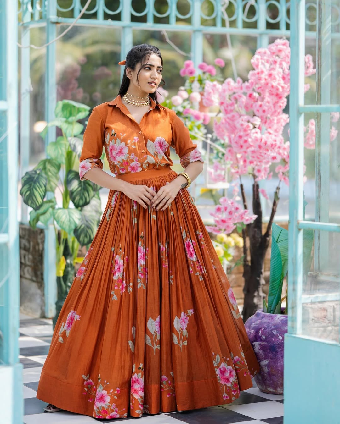 Rust Orange Floral Printed Shirt & Lehenga Set