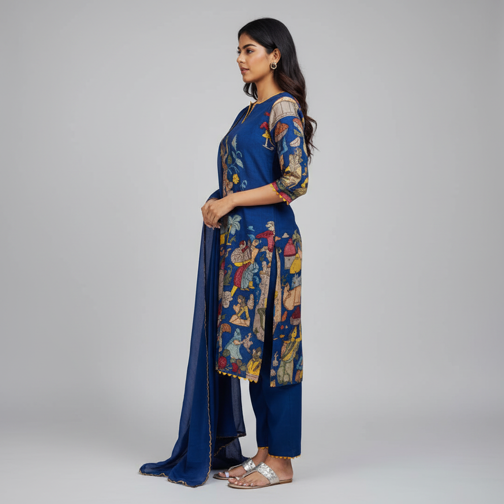 Kalamkari Cotton Kurta Set Blue with Floral Design with Coordinated Dupatta