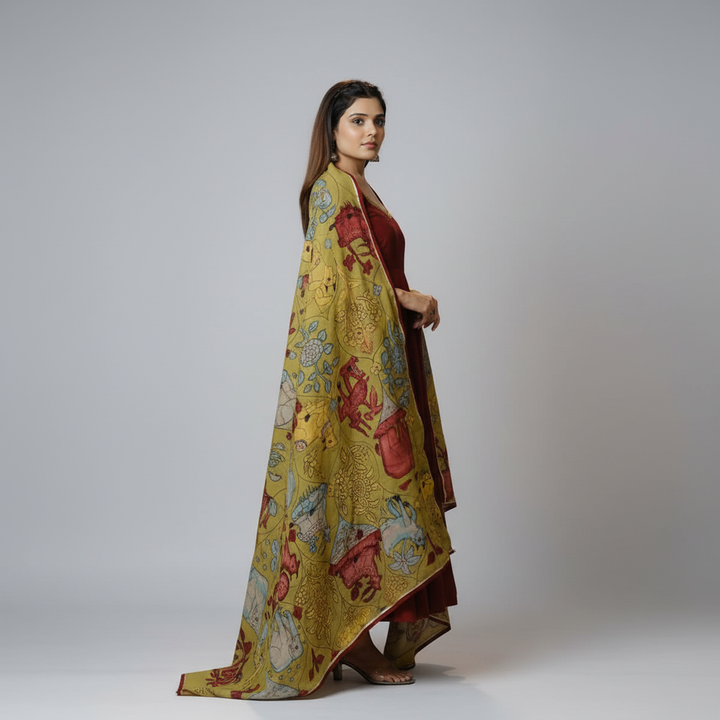 Maroon Anarkali with Hand-Painted Kalamkari Dupatta
