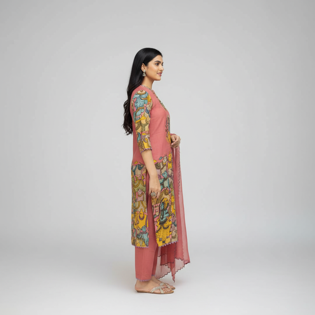 Kalamkari Cotton Kurta Set Pink with Floral Design with Coordinated Dupatta