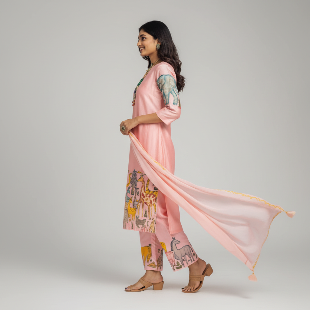 Kalamkari Cotton Kurta Set  Animals Design with Coordinated Dupatta