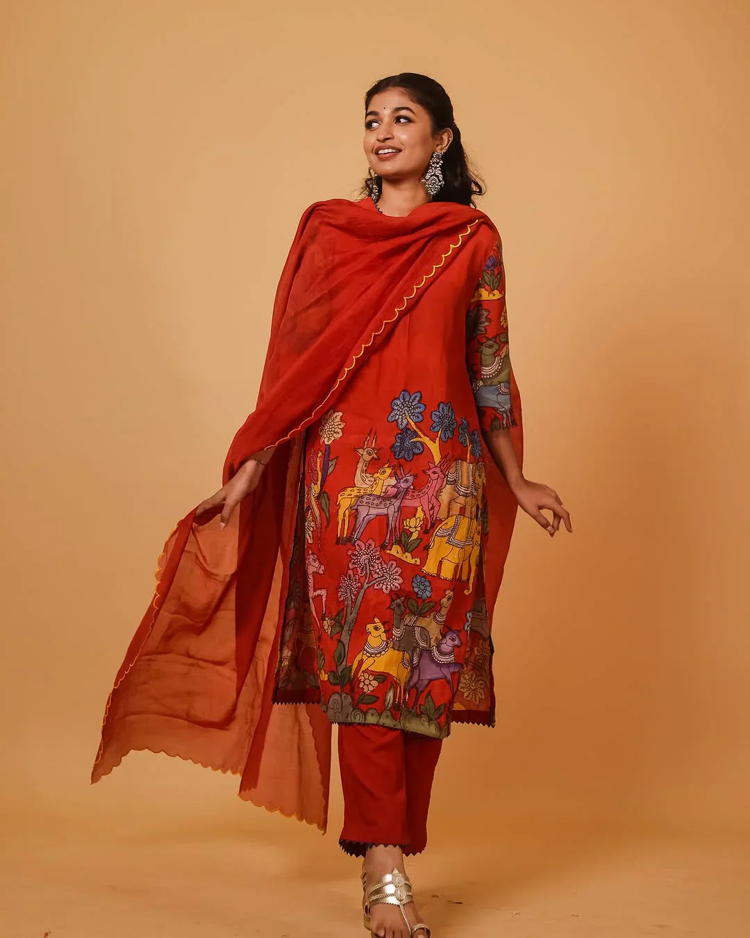 thnic Red Kurta Set with Vibrant Forest Folk Art Print