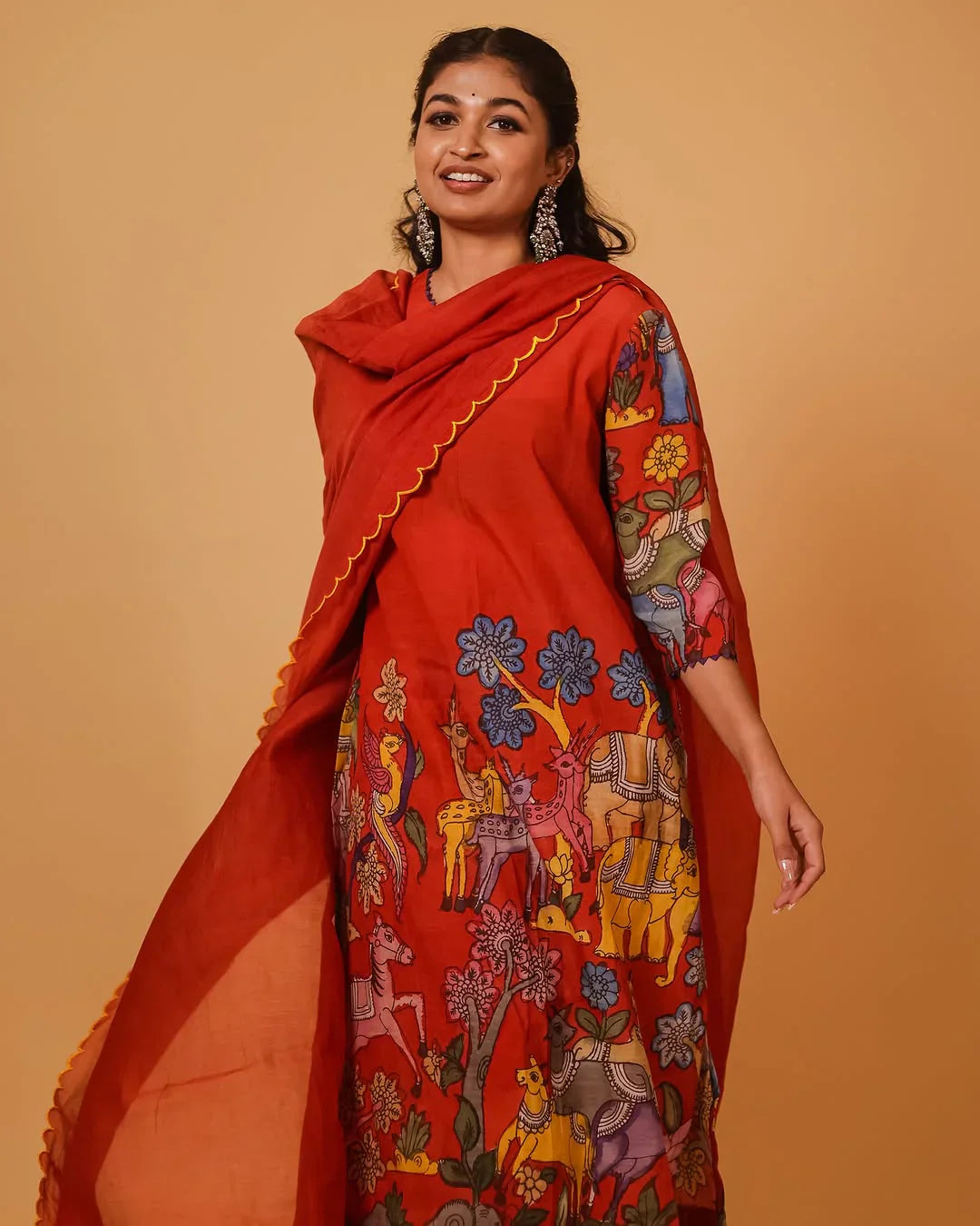 thnic Red Kurta Set with Vibrant Forest Folk Art Print